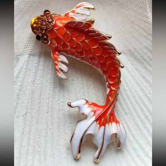 Koi Fish Maroon Red &Orange Gold Enamel Brooch Set– Symbol of Luck & Prosperity - Picture 13 of 14